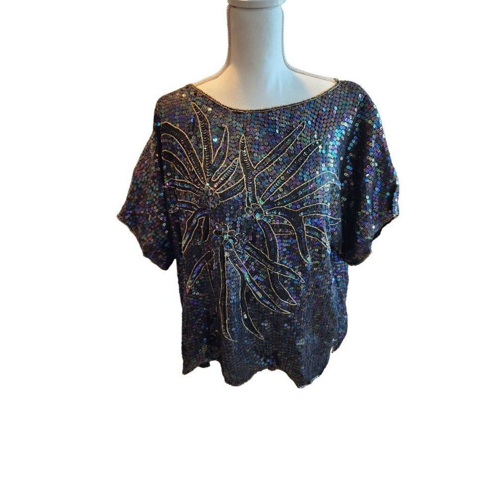 Vintage 80s Beaded Sequined Sequins Top Blouse Size 20 Batwing Sleeve Era Tour